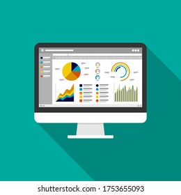 Web statistics analytic charts on Computer screen icon. Flat vector infographic trend graphs information report concept for planning and accounting, analysis, audit, management, marketing illustration