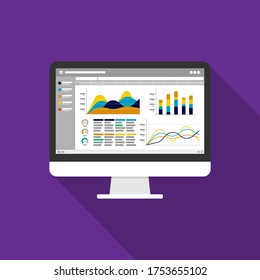 Web statistics analytic charts on Computer screen icon. Flat vector infographic trend graphs information report concept for planning and accounting, analysis, audit, management, marketing illustration