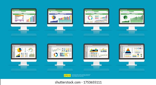 Web statistics analytic charts on Computer screen icon set. Flat vector infographic and spreadsheet trend graphs report concept for planning, accounting, analysis, audit, management, marketing