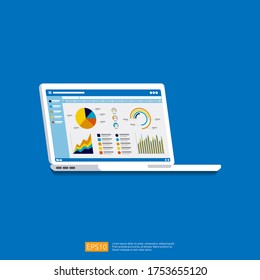 Gráficos analíticos de estadísticas web en icono de pantalla de laptop. Gráficos de tendencias infográficas de vectores planas de información concepto de informe de planificación y contabilidad, análisis, auditoría, gestión, ilustración de marketing