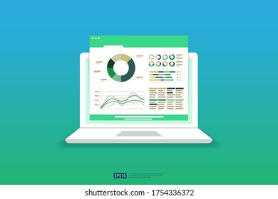 Gráficos analíticos de estadísticas web en la pantalla del dispositivo portátil. Gráficos de tendencias infográficas de vectores planas de información concepto de informe de planificación y contabilidad, análisis, auditoría, gestión, ilustración de marketing