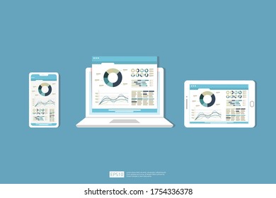 Web statistics analytic charts on laptop device screen. Flat vector infographic trend graphs information report concept for planning and accounting, analysis, audit, management, marketing illustration