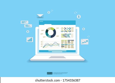 Gráficos analíticos de estadísticas web en la pantalla del dispositivo portátil. Gráficos de tendencias infográficas de vectores planas de información concepto de informe de planificación y contabilidad, análisis, auditoría, gestión, ilustración de marketing
