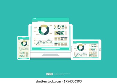 Web statistics analytic charts on laptop and device screen. Flat vector infographic trend graphs information report concept for planning and accounting, analysis, audit, management, marketing illustration