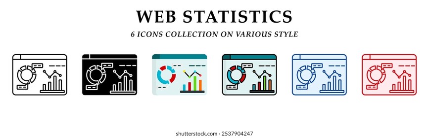 Coleção de ícones de estatísticas da Web. 6 Vários estilos. Ícone de cor linear, sólida, plana e linear. Para sinal, símbolo, apresentação, elemento, infográfico ou gráficos da Web. Ilustração de vetor.