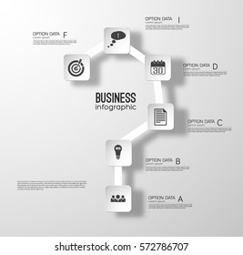 Web step infographic concept with six paper squares in question mark shape and business icons vector illustration