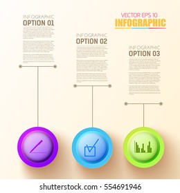Web step infographic template with three colorful round buttons and business icons on light background vector illustration