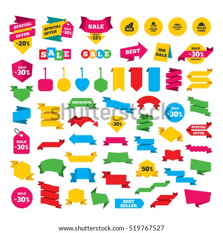 Web stickers, banners and labels. 100% Natural Bio food icons. Halal and Kosher signs. Chief hat with fork and spoon symbol. Special offer tags. Vector