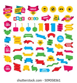 Web stickers, banners and labels. Beach holidays icons. Ball, umbrella and sunglasses signs. Summer sun symbol. Special offer tags. Vector