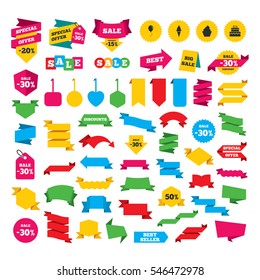 Web stickers, banners and labels. Birthday party icons. Cake with ice cream signs. Air balloon with rope symbol. Special offer tags. Vector