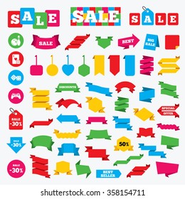 Web stickers, banners and labels. Bowling and Casino icons. Video game joystick and playing card with dice symbols. Entertainment signs. Price tags set.