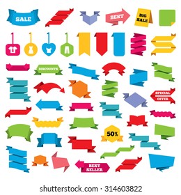 Web stickers, banners and labels. Clothes icons. T-shirt with business tie and pants signs. Women dress symbol. Price tags set. Vector