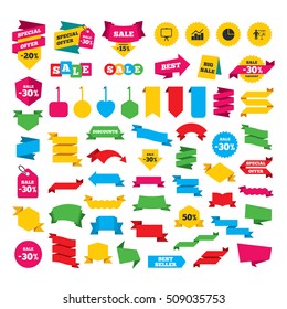 Web stickers, banners and labels. Diagram graph Pie chart icon. Presentation billboard symbol. Man standing with pointer sign. Special offer tags. Vector