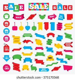 Web stickers, banners and labels. Gift box sign icons. Present with bow symbols. Photo camera sign. Woman shoes. Price tags set.