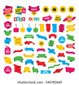 Web stickers, banners and labels. Gift box sign icons. Present with bow and ribbons sign symbols. Special offer tags. Vector