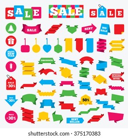 Web stickers, banners and labels. Happy new year icon. Christmas tree and gift box signs. Fireworks rocket symbol. Price tags set.