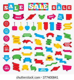 Web stickers, banners and labels. Happy face speech bubble icons. Smile sign. Map pointer symbols. Price tags set.