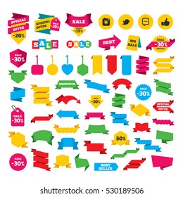Web stickers, banners and labels. Hipster photo camera icon. Like and Chat speech bubble sign. Hand thumb up. Bird symbol. Special offer tags. Vector