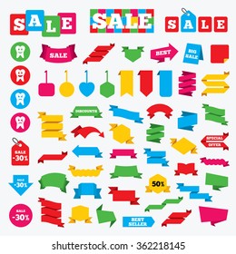 Web stickers, banners and labels. Tooth smile face icons. Happy, sad, cry signs. Happy smiley chat symbol. Sadness depression and crying signs. Price tags set.