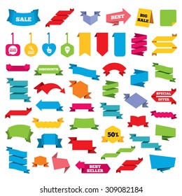 Web stickers, banners and labels. You are here icons. Info speech bubble symbol. Map pointer with your location sign. Hand cursor. Price tags set. Vector