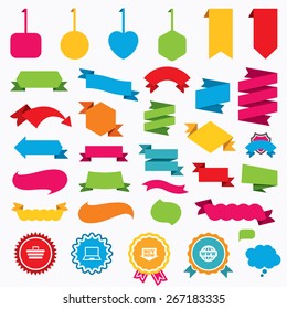 Web stickers, tags and banners. Online shopping icons. Notebook pc, shopping cart, buy now arrow and internet signs. WWW globe symbol. Speech bubbles and award labels. Vector