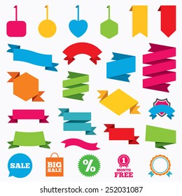 Web stickers, tags and banners. Sale speech bubble icon. Discount star symbol. Big sale shopping bag sign. First month free medal. Template modern labels. Vector