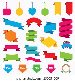 Web stickers, tags and banners. Sale arrow tag icons. Discount special offer symbols. 50%, 60%, 70% and 80% percent discount signs. Template modern labels. Vector