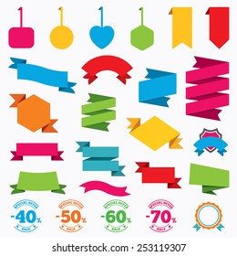 Web stickers, tags and banners. Sale discount icons. Special offer stamp price signs. 40, 50, 60 and 70 percent off reduction symbols. Template modern labels. Vector
