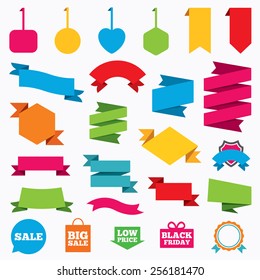 Web stickers, tags and banners. Sale speech bubble icon. Black friday gift box symbol. Big sale shopping bag. Low price arrow sign. Template modern labels. Vector