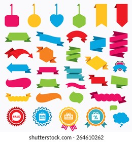 Web stickers, tags and banners. Sale speech bubble icon. Black friday gift box symbol. Big sale shopping bag. Discount percent sign. Speech bubbles and award labels. Vector
