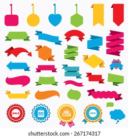 Web stickers, tags and banners. Sale speech bubble icon. Buy cart symbol. New star circle sign. Big sale shopping bag. Speech bubbles and award labels. Vector
