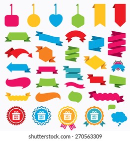 Web stickers, tags and banners. Sale gift box tag icons. Discount special offer symbols. 10%, 20%, 30% and 40% percent off signs. Speech bubbles and award labels. Vector