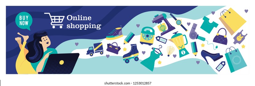 Web store banner template. Modern design concept of flat web pages to a web site and mobile web site. Girl with a computer shopping in the online store. Vector illustration.