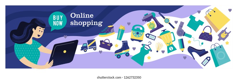 Web store banner template. Modern design concept of flat web pages to a web site and mobile web site. Girl with a computer shopping in the online store. Vector illustration.
