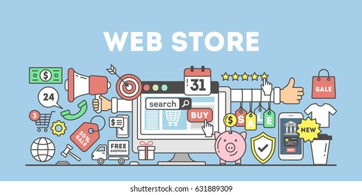 Web store concept illustration. Signs and icons on blue background.