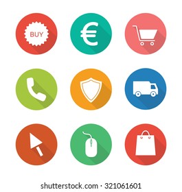 Web store flat design icons set. E-commerce long shadow silhouette illustrations. Online shopping graphic interface. Buy now sticker and supermarket cart round buttons. Vector infographics elements