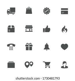 Web store flat icons in gray. Set of 16 pieces.