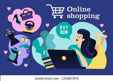 Web store flyer template. Modern design concept of flat web pages on website and mobile website. Girl with a computer shopping in the online store. Vector illustration.