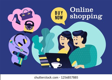 Web store flyer template. Modern design concept of flat web pages on website and mobile website. A girl and a man with a computer shopping in the online store. Vector illustration.