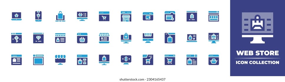 Web store icon collection. Duotone color. Vector illustration. Containing online shopping, online shop, shopping basket, online, wallet, member card, window, jewel, ecommerce, shop, web, website.