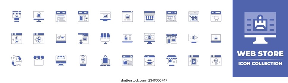 Colección de iconos del almacén web. Curso de línea de estilo duotónico y negrita. Ilustración vectorial. Conteniendo en línea, compras, electrónica, tienda, ventana, venta, tienda, check-out, Marketplace, skate y más.