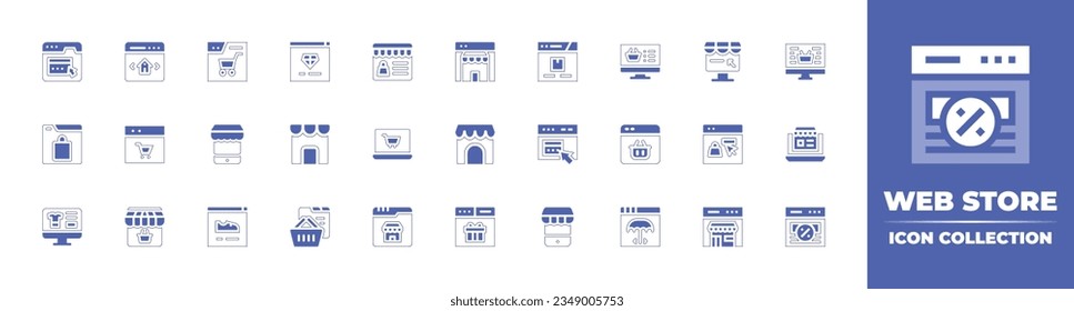 Colección de iconos del almacén web. Curso de línea de estilo duotónico y negrita. Ilustración vectorial. Conteniendo miembro, tarjeta, online, compras, tienda, joyería, ecommerce, tienda, web, cesta, móvil, zapatos y más.