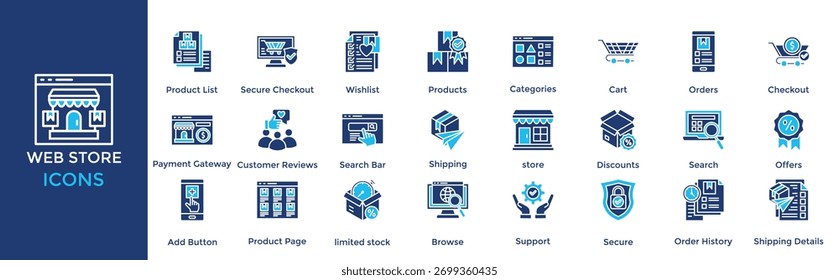 Web Store icon set. Containing Product List, Secure Checkout, Wishlist, Products, Categories