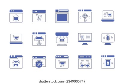 Web store icon set. Duotone style line stroke and bold. Vector illustration. Containing ecommerce, online, shop, website, check, out, pharmacy, shopping, skate, web, page, glasses. 