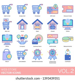 Web store icons including add to cart, empty, checkout, gift card, discount, wish list, open, closed, online, offline, compare, business hours, testimonial, measurement, return, cancellation, cashback
