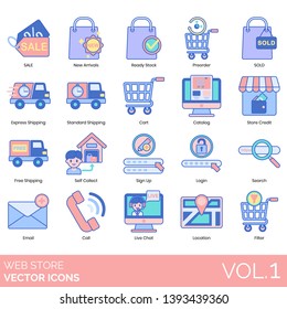 Web store icons including sale, new arrival, ready stock, preorder, sold, express shipping, standard, cart, catalog, credit, free, self collect, sign up, login, search, email, call, live chat, filter.