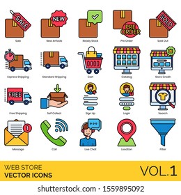 Web store icons including sale, new arrival, ready stock, preorder, sold out, shipping, cart, catalog, credit, free, self collect, sign up, login, search, message, call, live chat, location, filter.