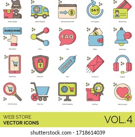 Web Store Icons Including Stolen Package, Global Shipping, Estimated Import Fee, 24/7 Support, Membership, Subscription, Share, Faq, Wallet, Notification, Application, Protection, Price, Contact Us.