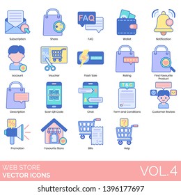 Web store icons including subscription, share, faq, wallet, notification, account, voucher, flash sale, rating, favorite product, qr code, chat, term, condition, customer review, promotion, bill, help