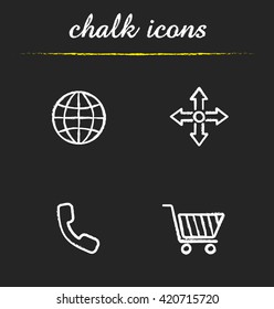 Web store icons set. Worldwide globe symbol, delivery arrows sign, call and supermarket cart illustrations. Online shopping isolated vector chalkboard drawings